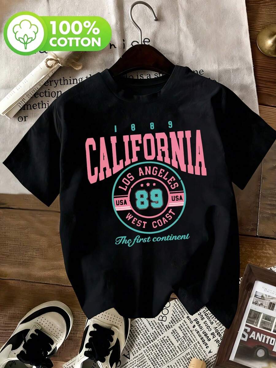 Camiseta de mujer de 1 pieza, confeccionada en 100% algodón con estampado retro de California, diseño vintage de Los Ángeles, estilo casual y holgado, ideal para el verano. - Negro - Ver 1