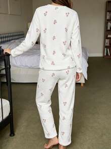 Ditsy Floral Coral Fleece Pajama Set, Women's Autumn/Winter Thickened Warm Plush Loungewear - White - View 3