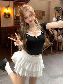 2026 Summer New Sweet Solid Color 3D Floral Hollow Sexy Knit Short Sleeve Top, Girly Ruffled Hem Cropped Cardigan Black - Black - View 6