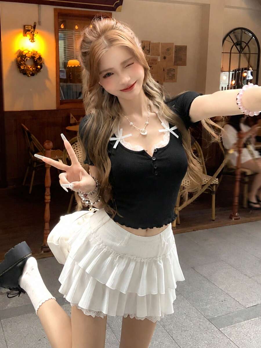 2026 Summer New Sweet Solid Color 3D Floral Hollow Sexy Knit Short Sleeve Top, Girly Ruffled Hem Cropped Cardigan Black - Black - View 1