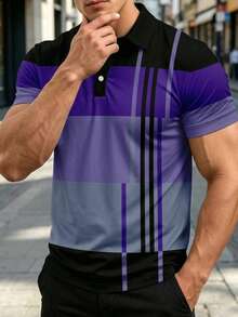 Plus Size Men's Contrast Color Patchwork Short Sleeve Casual Polo Shirt - Multicolor - View 2