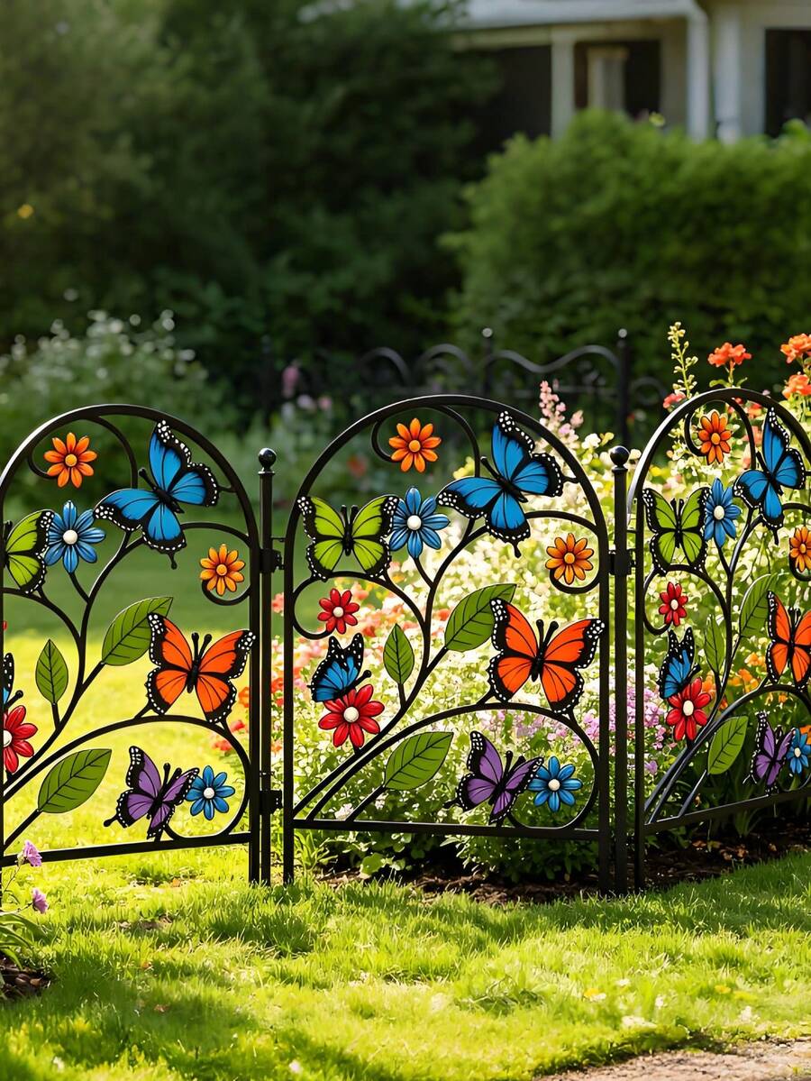 Best-Selling Garden Decor Painted Butterfly & Floral Iron Garden Fence, Bird Dragonfly Butterfly Small Fence, Connectable Curved Yard Divider Fence, Outdoor Lawn Flower Bed Decorative Ground Stake Metal Fence - Multicolor - View 1