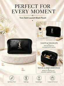 YSL Libre Black Makeup Bag 20*10cm, Glossy Leather With Gold Logo, Smooth Zipper, Large Capacity, Perfect For Travel And Makeup Storage, Ideal As A Gift. - Black - View 9