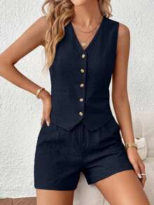 PRETTYGARDEN Women's Summer Clothes Tanktop 2 Piece Sets Outfits Sleeveless Matching  Button Down V Neck Vest Waistcoat And Pockets Going Out Short Sets Vacation - 藏蓝色 - 查看 3