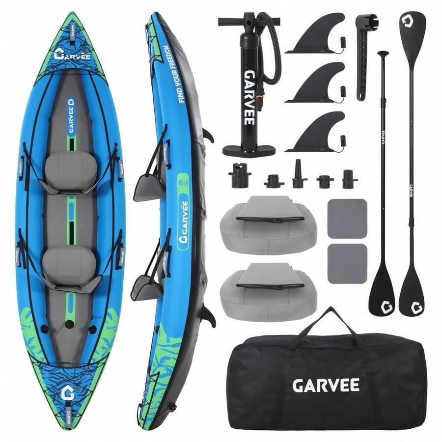 2 Person Inflatable Kayak,Fishing Kayak For Adults, Portable Touring Kayaks With Padded Seat, 3 Fins, Hand Pump, Carry Bag, Repair Kit,12.5FT/450 LBS Weight Capacity - Gradient Sky Blue - View 1