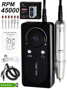 LIMEGIRL 45000RPM Rechargeable Nail Drill, Nail File, Nail Art Accessories, Gel Nail Polish Drill, Professional Nail Art Set - Black - View 2