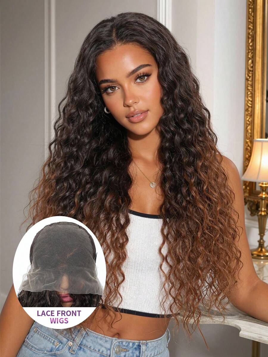 Topshe 28 Inch Gray-Gold Long Curly Wig, Dark Roots, Glueless, 13*6 Lace Front Hairline, Synthetic Gradient Gold Wig, Natural Hairline, High Density Soft Fluffy Wavy Hair, Suitable For Daily Wear, Party, Vacation, Holiday, Cosplay, Halloween