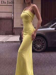 Da Jade Women Light Yellow One Shoulder Spaghetti Strap Mermaid Maxi Dress, Twisted Detail Cowl Neck Ruched Bodycon Long Gown, Slim Fitted Solid Dress - Yellow - View 2