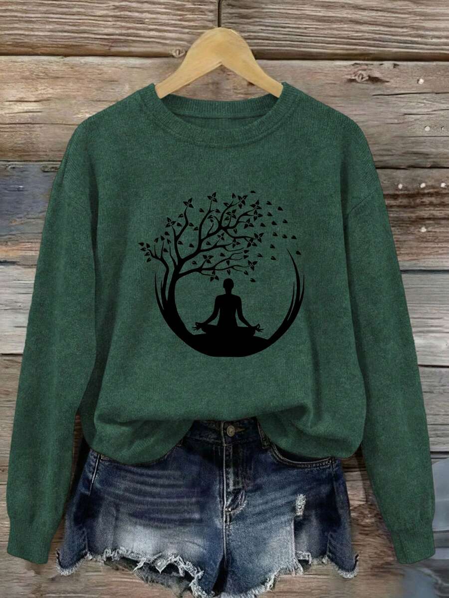 Women's Autumn/Winter Casual Meditation Tree Shadow Logo Print Faux Wool Sweater, Suitable As Warm Sweater For Autumn/Winter