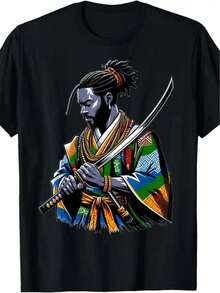 Camiseta de hombre con estampado de samurái - Temática de samurái, tela transpirable, corte ajustado ligeramente elástico, estilo casual clásico, adecuada para todas las estaciones y ocasion - Negro - Ver 1