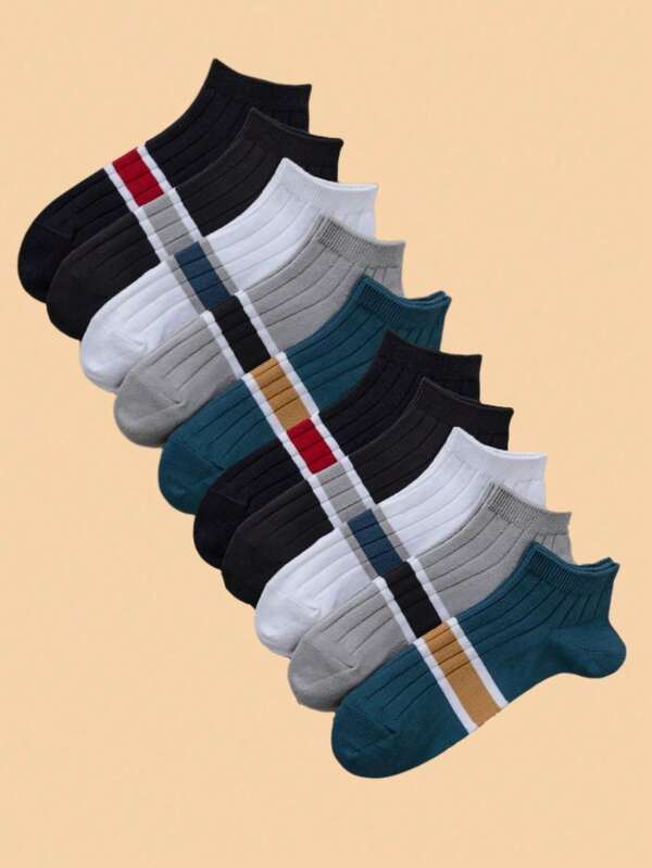 1 par/3 pares/5 pares/10 pares de calcetines tipo náutico deportivos casuales de moda de verano para hombre con bloques de color y rayas en colores aleatorios
