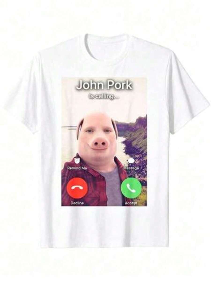 100% Cotton John Pork Is Calling T-Shirt - 白色 - 查看 1