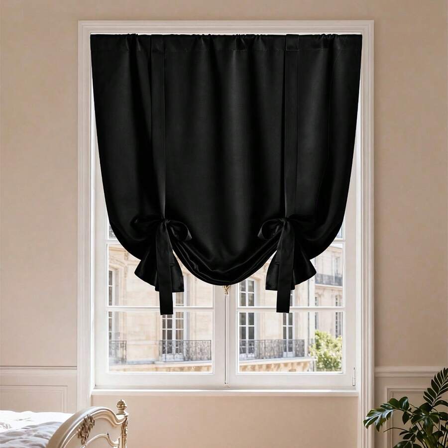 NOSBEI 1PC Rod Pocket Solid High Density Short Blackout Curtain With Tiebacks, Light Blocking Ready Made Small Window Drape, Practical Decor Panel For Kitchen Bedroom Home Decor - Black - View 1