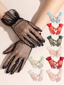 1 Pair Women's Sheer Mesh Rhinestone Decorated Cuff Ruffle Lace Gloves, Elegant Glamorous Style For Party, Evening Banquet, Performance, Solid Color Polka Dot - Multicolor - View 10