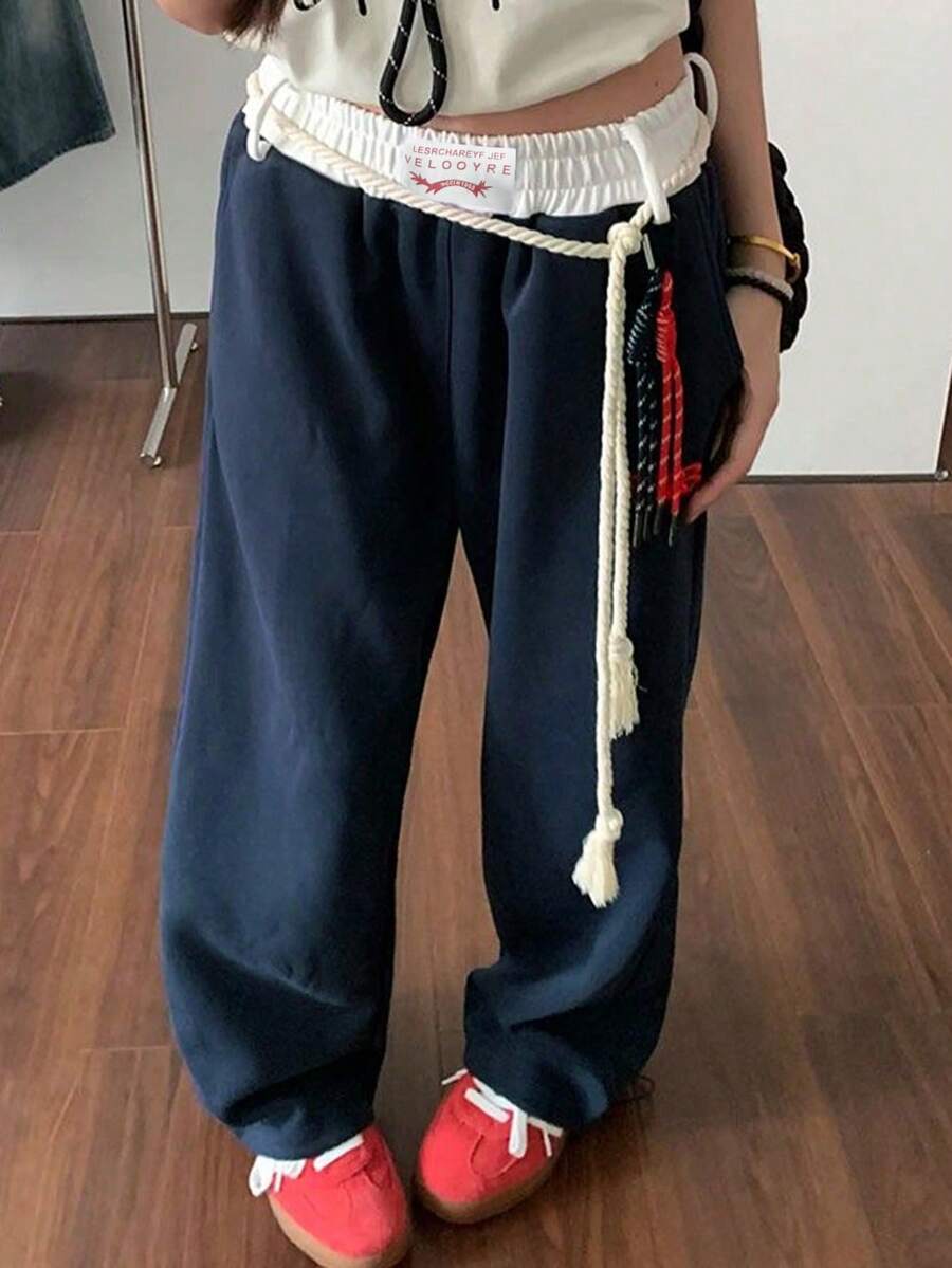 女款海軍藍復古休閒運動長褲,拼接腰頭、直筒運動褲,美式寬鬆大寬腿長褲 - 藏蓝色 - 查看 1