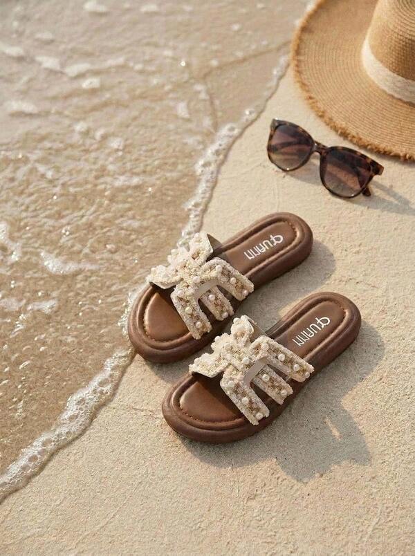 Cirelle Women's Summer Flat Slippers - Open Toe Sandals, Made Of Soft PU Material And Fabric, Decorated With Tassels.