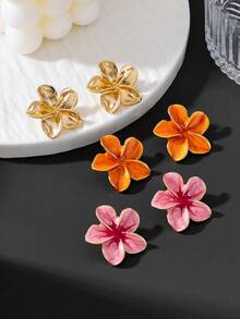 3 paires de boucles d'oreilles à tige pour femmes, style plage de vacances d'été, multicolores mélangées, élégantes et luxueuses, faites à la main, effet goutte d'huile, fraîches et douces, motif plumeria - Multicolore - Voir 3