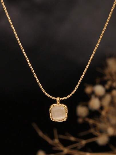 1 pieza Collar con colgante de acero inoxidable chapado en oro de 18K con piedra de ojo de gato cuadrada y circonita, diseño asimétrico de borde ondulado, adecuado para uso diario de mujeres