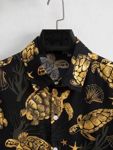 Men's Casual Turtle Print Vacation Shirt - Black and Gold - View 3