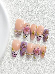 10Pcs Vintage Girly Aesthetic Style Handmade Press On Nail,Polygel Nail Set,Black Leopard Spots, Pink And Purple Nail Polish,Y2K Sweet Punk Style,Includes Nail Tools,3 Sizes Available,Almond Nails,Duck Nails,Coffin Nails For Party,Dance,Daily Wear. - 彩色 - 查看 17