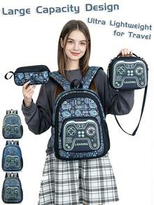 3pcs Game Controller Pattern Backpack Set, Includes Insulated Lunch Bag And Pencil Case, Large Capacity Multi-Layer Waterproof School Bag, Suitable For School - Multicolor - View 1