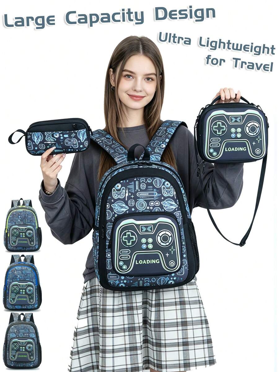 3pcs Game Controller Pattern Backpack Set, Includes Insulated Lunch Bag And Pencil Case, Large Capacity Multi-Layer Waterproof School Bag, Suitable For School - Multicolor - View 1