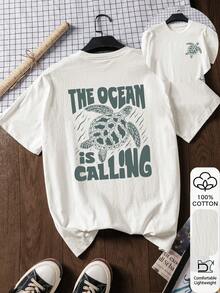 The Sea Is Calling & 海龜印花夏季女款休閒時尚 100% 純棉短袖上衣，圖案 T 恤，戶外穿著，印花圖案，夏季 T 恤，女款 T 恤，夏季上衣，度假，海灘風格，極簡度假風 白色 - 白色 - 查看 1