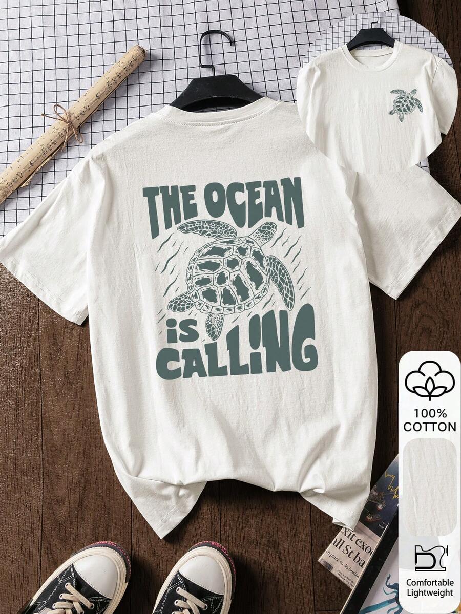 The Sea Is Calling & 海龜印花夏季女款休閒時尚 100% 純棉短袖上衣,圖案 T 恤,戶外穿著,印花圖案,夏季 T 恤,女款 T 恤,夏季上衣,度假,海灘風格,極簡度假風 白色 - 白色 - 查看 1