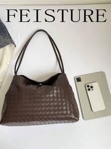 FEISTURE 1pc Vintage Large Capacity Woven Texture Women's Shoulder Bag, Fashion Commuter Tote, Suitable For Girls, Women, College Students, New Professionals And White-Collar Workers, Perfect For Work, Business, Commuting, School - Coffee - View 4