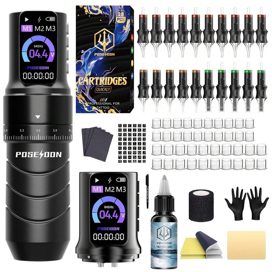 Poseidon Tattoo Gun Kit 7 Strokes Length Tattoo Machine Kit With 2pcs 2300mAh Battery 20pcs Tattoo Cartridge Needles 1 Pc Inks Complete Tattoo Pen Kit Supply For Beginner And Artist - Black - View 1