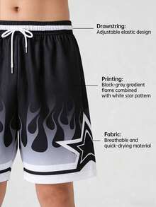Men's Summer Sports Basketball Shorts, Drawstring Elastic Mesh Quick-Dry Knee-Length Shorts Black - Black - View 4