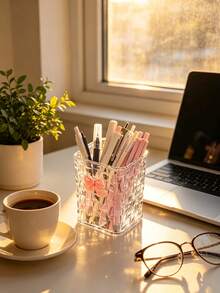 2pcs/1pc Ins Luxury Woven Square Pen Holder With Cute Bow Decoration, Student Desk Organizer, Office Large Capacity Pen Holder, Makeup Brush Holder, Multi-Function Storage Container - Rectangle - View 3
