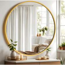 Specchio da parete rotondo con lente d'ingrandimento, cornice in alluminio nero e oro, riflesso nitido, diametro 40 cm. - Dorato - Visualizzare 3