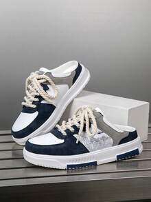 Men's Retro Rope Design Half-Toe Casual Skate Shoes, Blue & White Colorblock Leather Patchwork Daily Versatile Comfortable Sports Sneakers - White Orchid - View 6