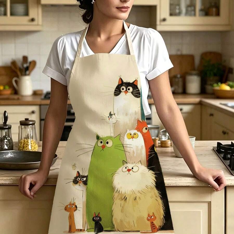 1pc Cartoon Healing Multi-Cat Print Apron - Sleeveless Design, Durable And Comfortable Fit, Featuring Stacked Colorful Fat Cat Big-Eyed Cute Pet Patterns, Suitable For Cooking, Baking And Home Cleaning, Household Cleaning, Housework Apron, Hand-Painted Handmade Gardening Apron, Fun Holiday Gift - Multicolor - View 1