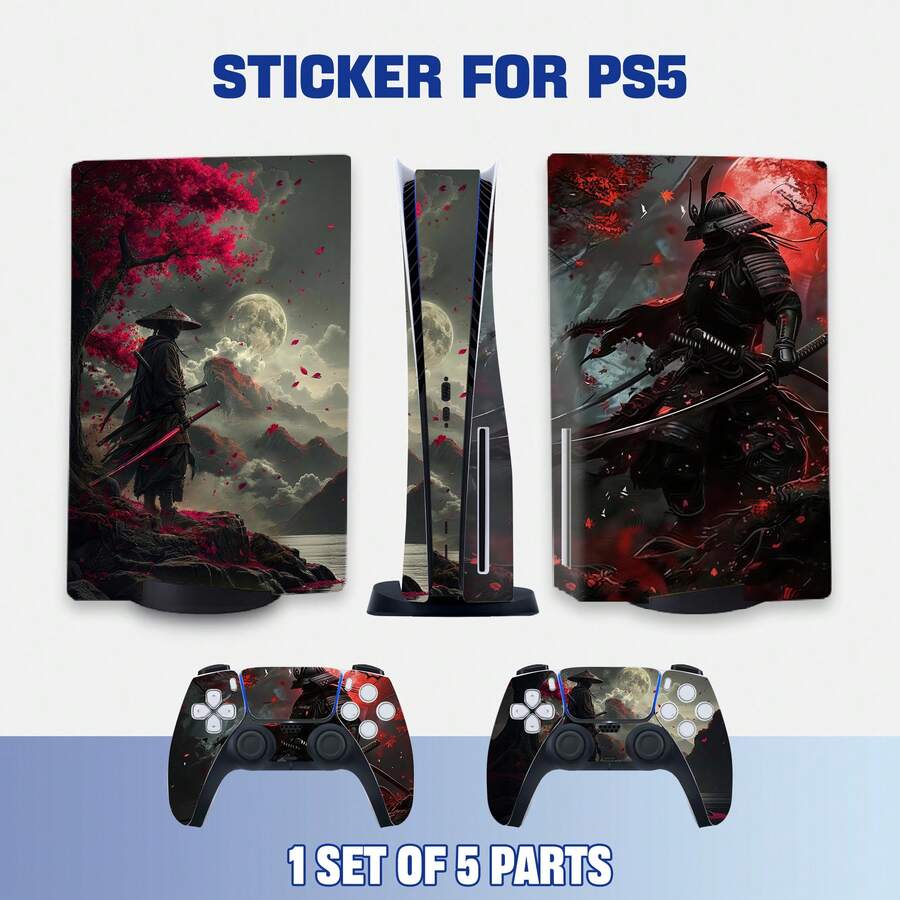 Compatible With PS5 Disc Edition And Wind Red Moon Samurai Sticker, Retro Dark Japanese Style, Matte Texture, Waterproof Removable No Residue, Full Body Protection Sticker For Console And Controller - View 1