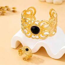 1 Set/2pcs Perhiasan Wanita Set Gelang dan Cincin Asimetris Geometris Terbuka yang Dapat Diatur, Desain Modis dan Berlebihan, Terbuat dari Logam Berongga dengan Batu Permata Imitasi dan Desain Geometris. - Hitam - View 6