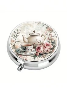 1pc Vintage Tea Party Pill Box, 3-Compartment Metal Mini Design, Teapot & Rose Elegant Pattern, Portable Storage, High-Quality Daily Medication Gift Box - Multicolor - View 5