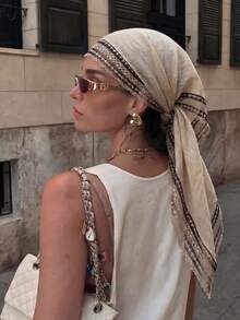 1PC Women's Casual Solid Color Lace Plain Weave Square Scarf/Headscarf, Fashionable Bohemian Hair Accessory, Suitable For Summer Island Vacation, Festival, Wedding, Back To School, Party, Dinner, Can Be Paired With Earrings, Pendant, Fashion Glasses - Light Khaki - View 3