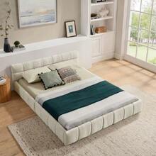 سرير مزدوج 140*200 سم، سرير بغطاء من الشينيل الناعم الحريري، تصميم مبطن مربع - بيج - مشاهدة 2