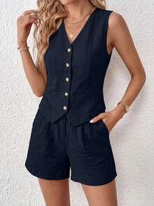 PRETTYGARDEN Women's Summer Clothes Tanktop 2 Piece Sets Outfits Sleeveless Matching  Button Down V Neck Vest Waistcoat And Pockets Going Out Short Sets Vacation - 藏蓝色 - 查看 1