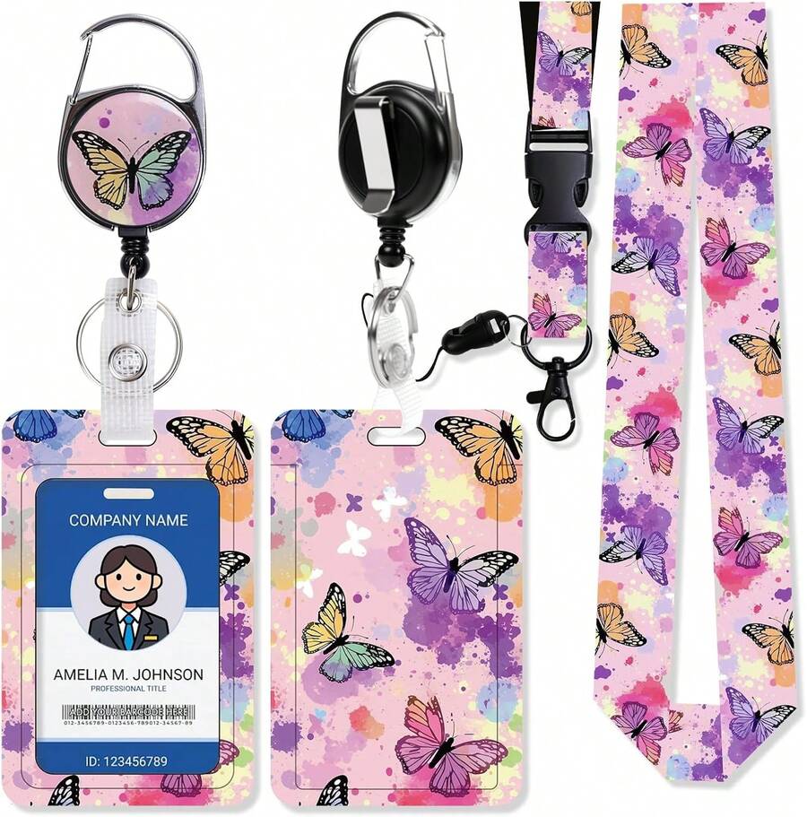 Butterfly-Pattern Lanyard Suitable For ID Badges And Keychains; Includes A Name Tag/ID Card Holder-A Great Gift For Female Teachers And Office Staff.