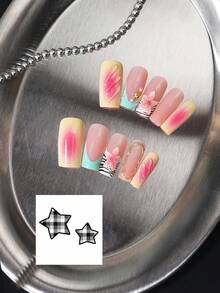 24 Stück lange rechteckige Kunstnägel, Nude-Pink Macaron Farbverlauf French Manicure, 3D rosa Blume, asymmetrischer Metallrahmen, mintgrüne Welle, Goldfolie, Perlen-Fake-Nägel, inklusive Jelly-Kleber + Nagelfeile, geeignet für atmosphärische Mädchen, Reisefotografie, Pendler-Outfit - Verschiedenfarbig - Übersicht 6
