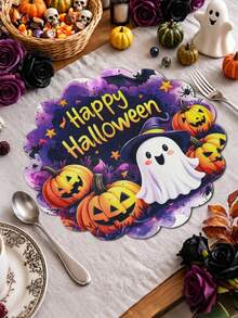 4件組 Happy Halloween 圓形亞麻餐墊，南瓜與幽靈圖案，萬聖節桌墊，西式餐墊，萬聖節裝飾，萬聖節派對裝飾，不給糖就搗蛋裝飾，Happy Halloween 裝飾，桌面配件 - 多色 - 查看 1