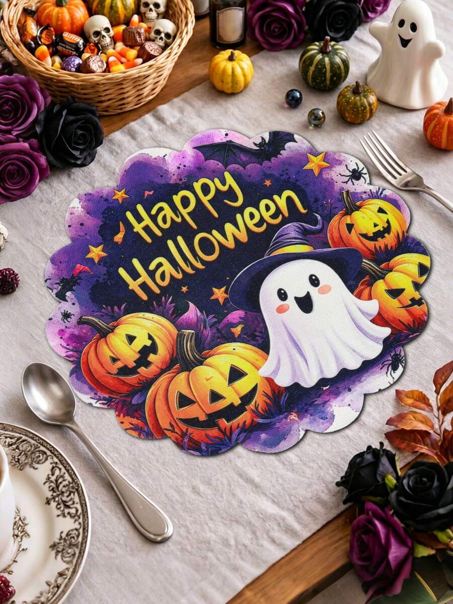 4件組 Happy Halloween 圓形亞麻餐墊,南瓜與幽靈圖案,萬聖節桌墊,西式餐墊,萬聖節裝飾,萬聖節派對裝飾,不給糖就搗蛋裝飾,Happy Halloween 裝飾,桌面配件 - 多色 - 查看 1