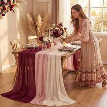 3PCS Red Chiffon Fabric Tablecloth Bohemian Transparent Satin Tablecloth Suitable For Autumn Thanksgiving Family Party Wedding Arch Background Baby/Bride Gift Birthday Party Restaurant Table Outdoor Party Festival Decoration - Burgundy - View 7