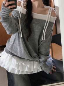 Korean Style Versatile Casual Slimming Square Neck Long Sleeve Top - Grey - View 9