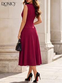 DONICY Vestido Midi Casual/para Encontro Ajustado com Zíper na Frente e Decote em V, Plissado, na Cor Bordô - Vinho - Visão 2