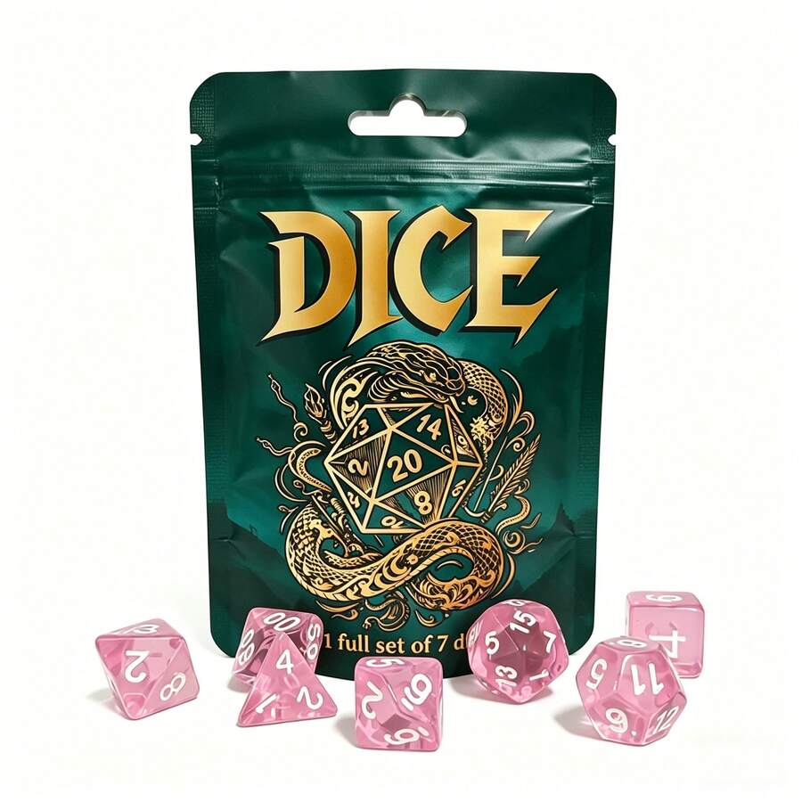 7pcs Transparent Polyhedral Dice Set, Clear Acrylic Role-Playing Game Dice With White Numbers, Multiple Colors Available, Includes Snake Pattern Storage Bag, Suitable For TTRPG Tabletop Games - Multicolor - View 1