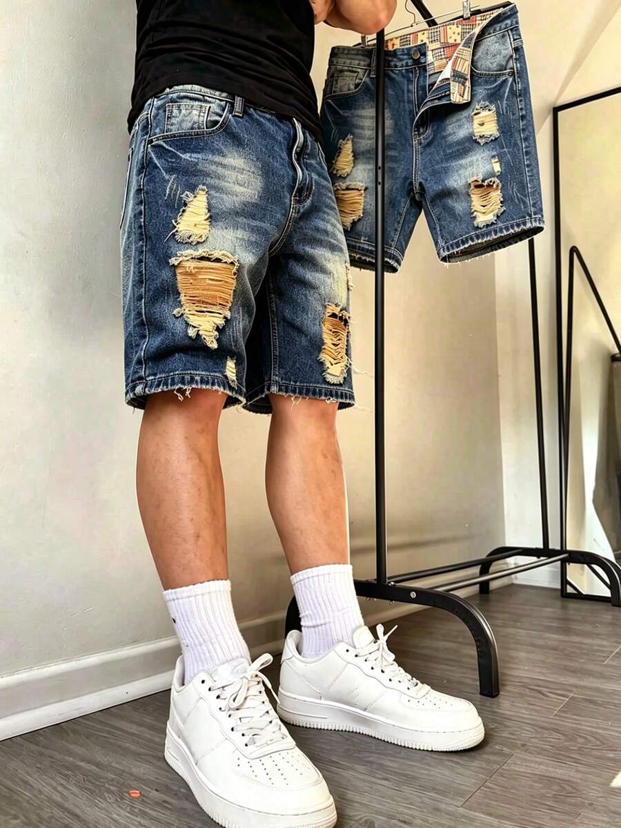 Teen Boy's Washed Vintage Comfortable Straight Leg Distressed Denim Shorts - Dark Wash - View 1